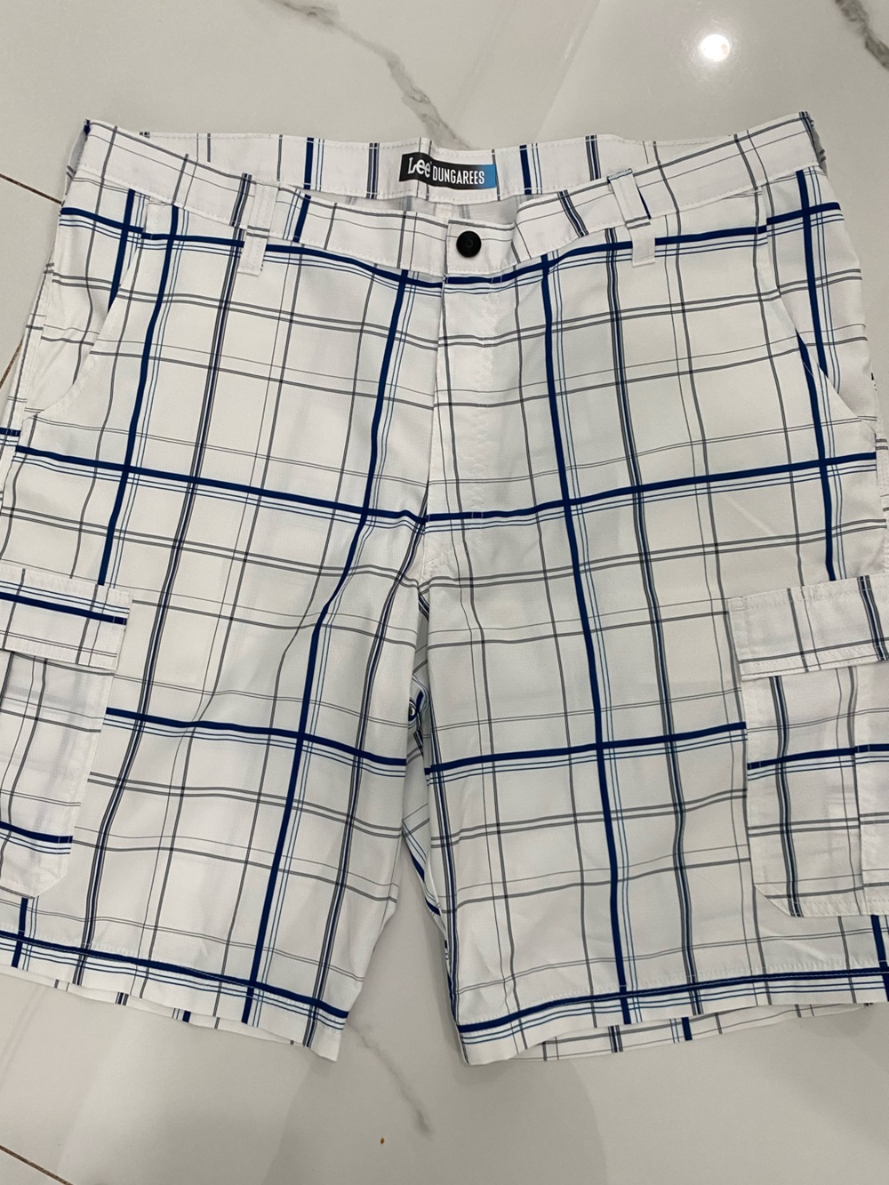 Lee White Plaid Cargo Shorts with Blue Lines